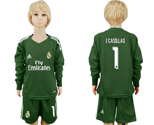 Real Madrid #1 I Casillas Green Goalkeeper Long Sleeves Kid Soccer Club Jersey - Click Image to Close